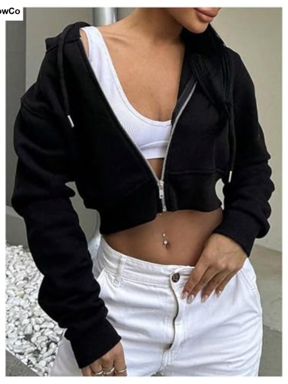 Cropped Zip Up Hoodie Drawstring Long Sleeve Sweatshirt Women Casual - Picture 2 of 2
